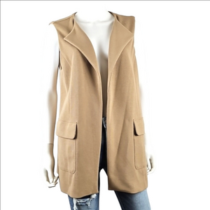 Chico's Black Label Tan Khaki Open Front Sleeveless Vest Jacket w Pockets